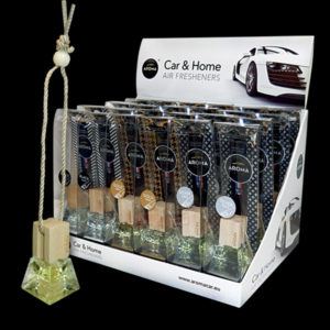 hanging air fresheners in a wood-glass bottles